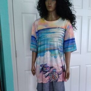 2XL-3XL Beach Scene Tee Shirt With Stunning Ocean And Turtles On Front And Back.